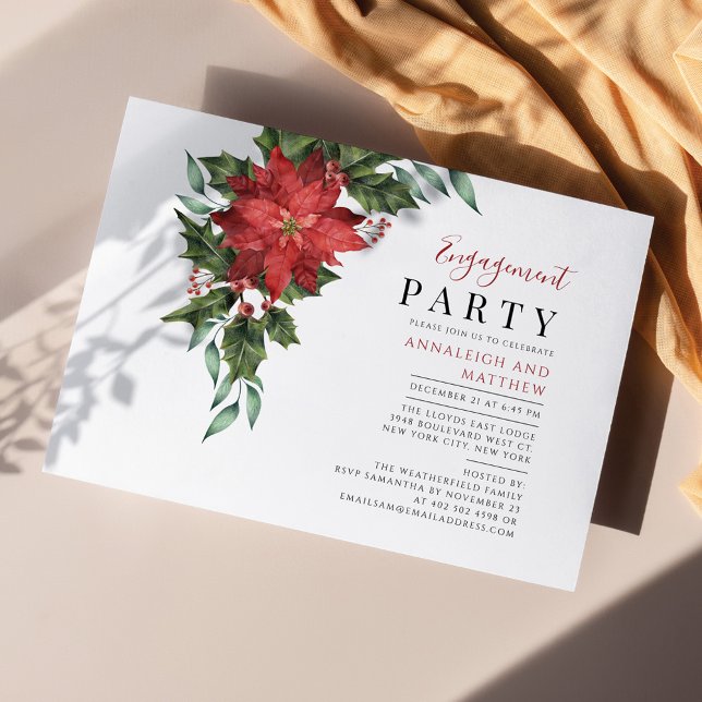 Lámina Invitación a la fiesta de compromiso de Poinsettia (Poinsettia Holiday Engagement Party Invitation)