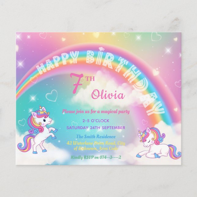 Lámina Invitación a la fiesta de cumpleaños de Unicornio  (Anverso)