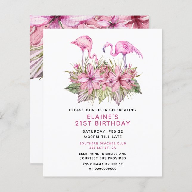Lámina Invitación a la fiesta de cumpleaños del Flamingo  (Anverso / Reverso)