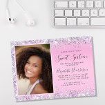 Lámina Invitación a la fiesta de cumpleaños del purpurina<br><div class="desc">Bonito amigable con el presupuesto, glamorosa y muchísimo dulce invitación a la fiesta de 16 años con confeti purpurina de imitación brillante holográfica morado, rosa y plateado a lo largo de los límites sobre un fondo rosa, su foto, y "Sweet Sixteen" y su nombre en un suave guión de moda...</div>
