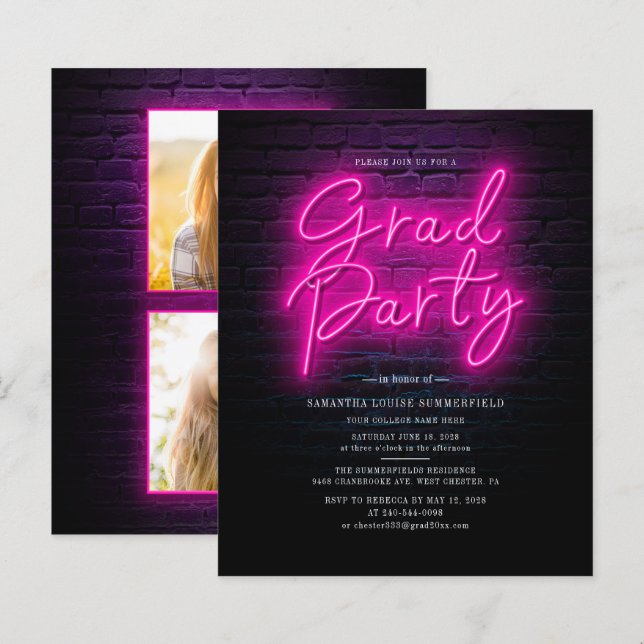 Lámina Invitación a la fiesta de graduación de Neon Photo (Anverso / Reverso)