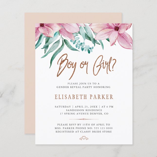 Lámina Invitación a la fiesta de revelación del sexo del  (Anverso / Reverso)
