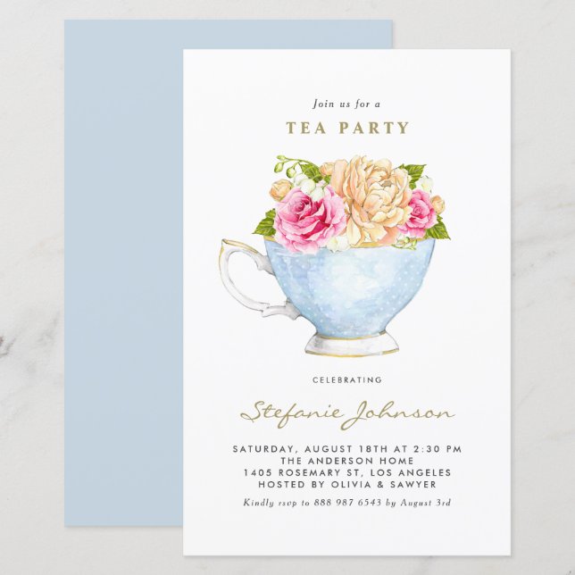 Lámina Invitación a la fiesta de té Flores de acuarela en (Anverso / Reverso)