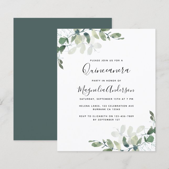 Lámina Invitación a la Fiesta Quinceanera de Eucalyptus (Anverso / Reverso)