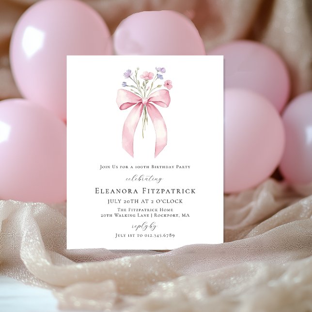 Lámina Invitación a la flor silvestre Pink Bow de cumplea (Subido por el creador)