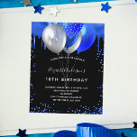 Lámina Invitación a la foto azul real de cumpleaños de pr<br><div class="desc">Invitación a la fiesta de cumpleaños número 18 (o de cualquier edad) femenina y femenina. Delante: Un fondo negro de moda. Decorada con tonterías purpurinas de color azul real, pinturas de goteo y globos. Personalice y agregue un nombre y detalles del fiesta. El nombre está escrito con un guión de...</div>