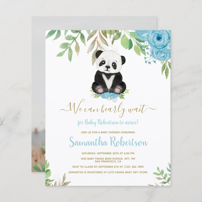 Lámina Invitación a la foto de Baby Shower azul del oso p (Anverso / Reverso)
