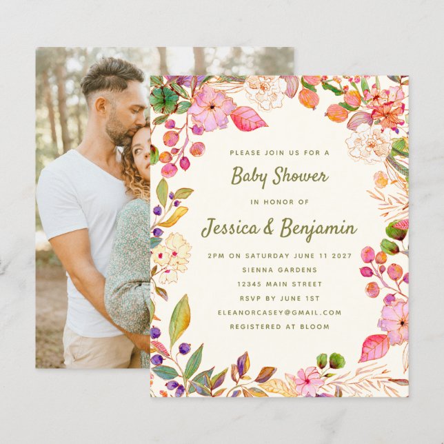 Lámina Invitación a la foto de Baby Shower con acuarela d (Anverso / Reverso)