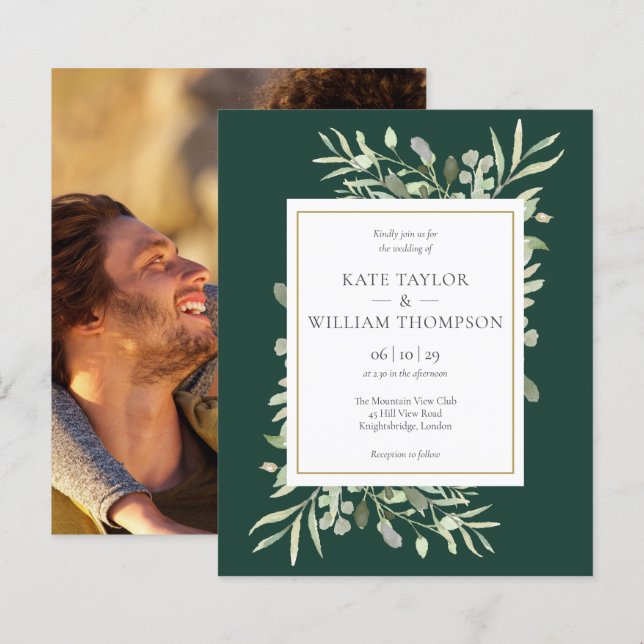 Lámina Invitación a la foto de Boda de follaje verde esme (Anverso / Reverso)