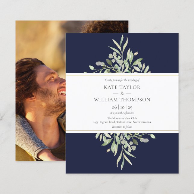 Lámina Invitación a la foto de Boda de la vegetación azul (Anverso / Reverso)