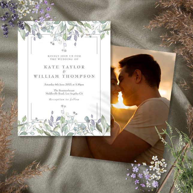 Lámina Invitación a la foto de Boda floral de la vegetaci (Budget Greenery Floral Wedding Photo Invitation)