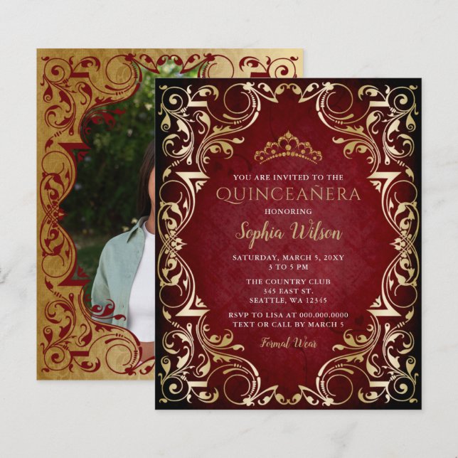 Lámina Invitación a la foto de Budget Red Gold Tiara Quin (Anverso / Reverso)