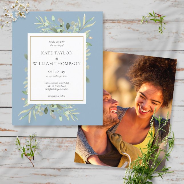 Lámina Invitación a la foto del Boda azul Dusty Foliage B (Subido por el creador)