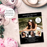Lámina Invitación a la foto en blanco negro de la fiesta<br><div class="desc">Crea tu propio collage de fotos único. Usa cuatro,  cuatro de tus fotos favoritas. Personalice y agregue un nombre y detalles del fiesta. Fondo negro,  texto blanco.</div>