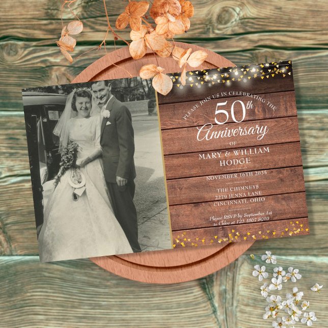 Lámina Invitación a la foto rusa del 50 aniversario del p (Budget 50th Anniversary Rustic Photo Invitation)