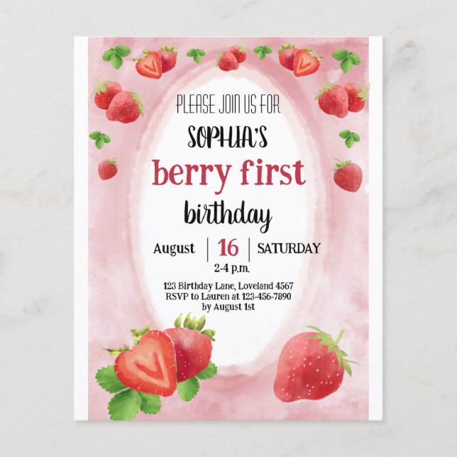 Lámina Invitación a la fresa del primer cumpleaños de la  (Anverso)
