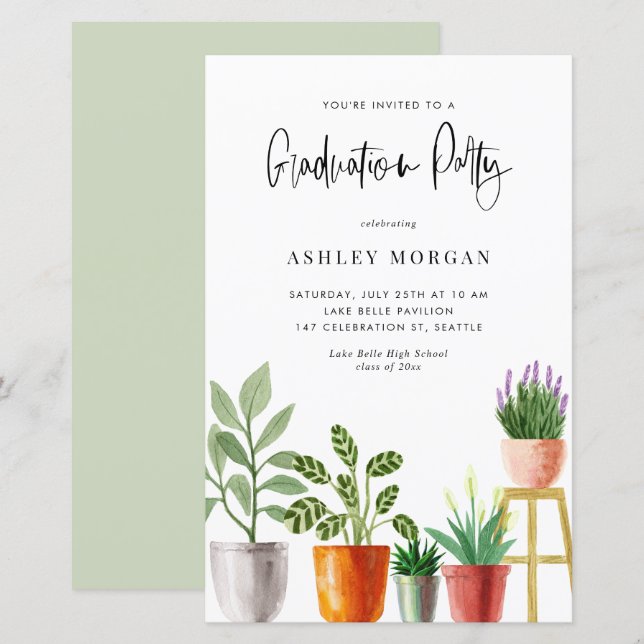Lámina Invitación a la Graduación de Boho Potted Housepla (Anverso / Reverso)