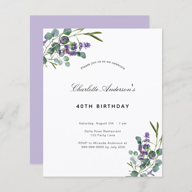 Lámina Invitación a la lavanda del cumpleaños del eucalip (Anverso / Reverso)