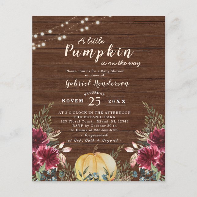 Lámina Invitación a la luz de Baby Shower de calabaza rus (Anverso)