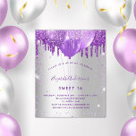 Lámina Invitación a la morada plateada Sweet 16<br><div class="desc">Un elegante fondo falso plateado. Decorada con purpurina falso morado y globos. Personalice y agregue un nombre y detalles del fiesta. El nombre se escribe con un guión de estilo con letras a mano</div>