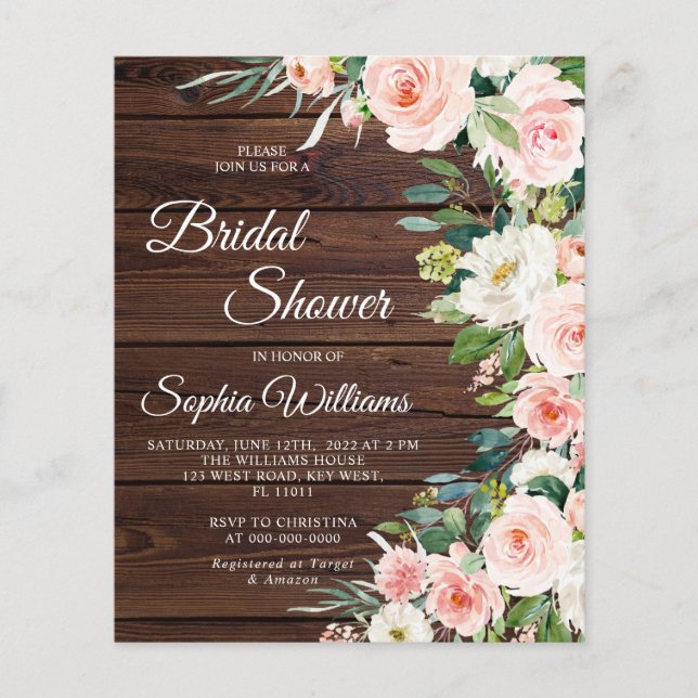 Lámina Invitación a la novia de flores rosas Rubor de pre (Anverso)