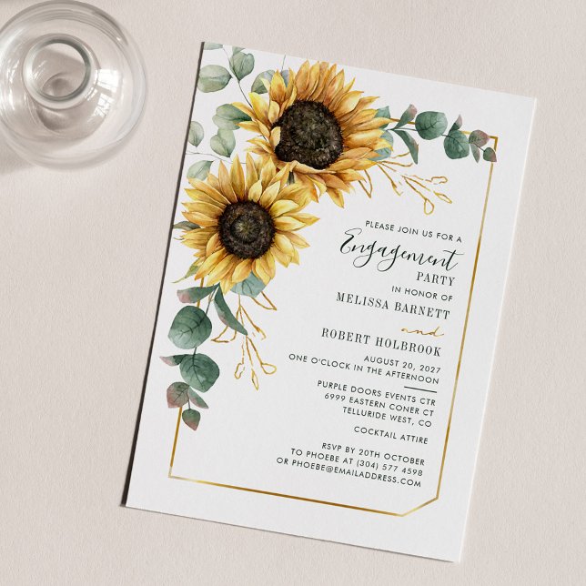 Lámina Invitación a la participación de Eucalipto de gira (Sunflower Eucalyptus Engagement Party Invitation)