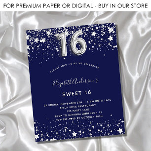 Lámina Invitación a la plata azul marino Budget Sweet 16