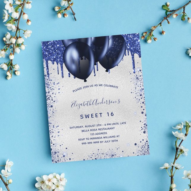 Lámina Invitación a la plata azul marino Budget Sweet 16 (Subido por el creador)