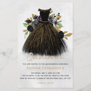 Lámina Invitación a la Purpurina Quinceañera de oro negro
