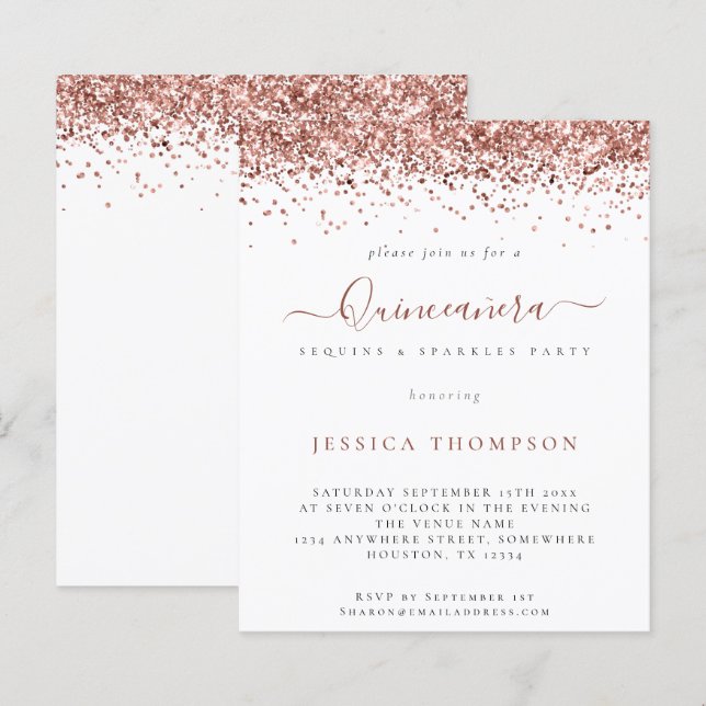 Lámina Invitación a la Purpurina Quinceañera Rosa de Oro (Anverso / Reverso)