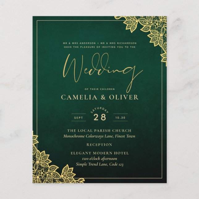 Lámina Invitación a la QR a la boda Gold Lace Emerald Gre (Anverso)
