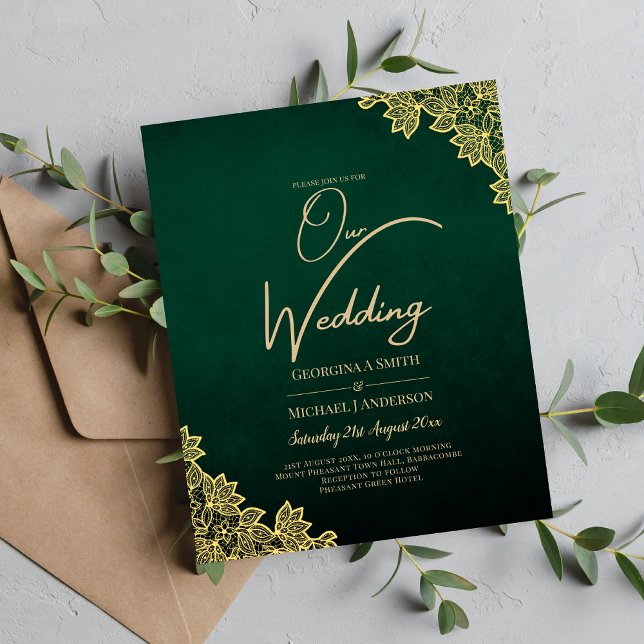 Lámina Invitación a la QR a la boda Gold Lace Emerald Gre (Subido por el creador)
