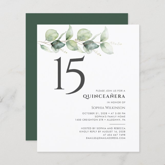 Lámina Invitación a la Quinceanera de Eucalyptus Quincean (Anverso / Reverso)
