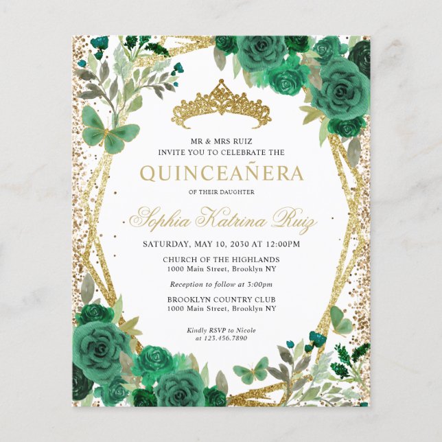 Lámina Invitación a la Quinceañera de oro verde floral (Anverso)