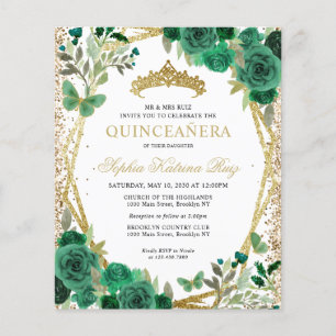 Lámina Invitación a la Quinceañera de oro verde floral