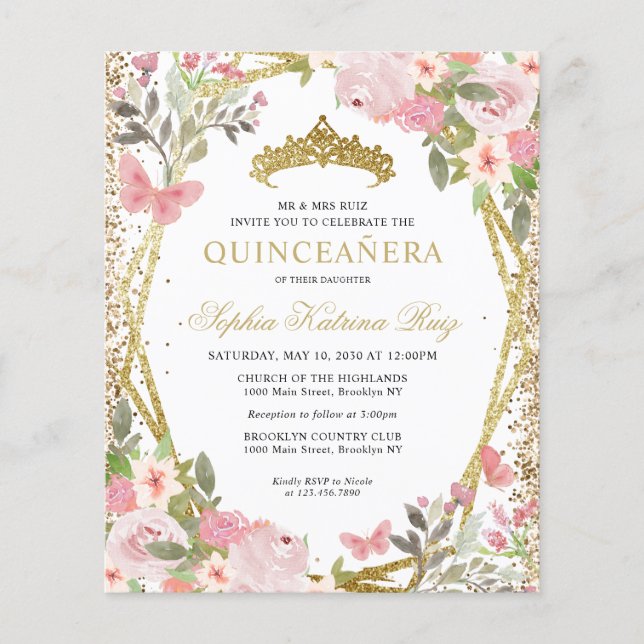 Lámina Invitación a la Quinceañera de Rubor Gold con flor (Anverso)