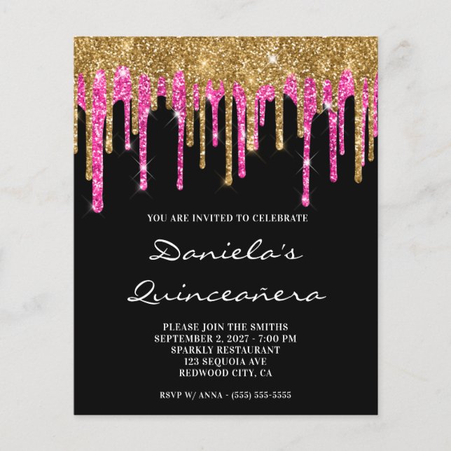 Lámina Invitación a la Quinceañera del Purpurina rosado c (Anverso)