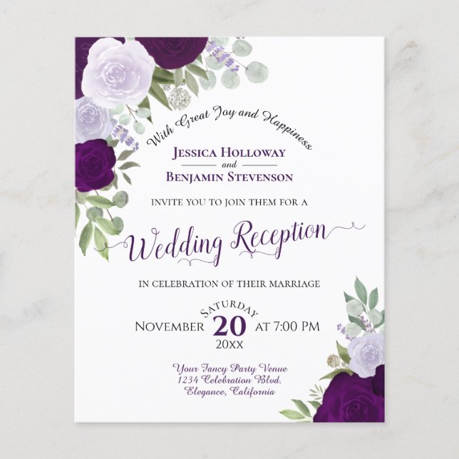 Lámina Invitación a la recepción de la boda Purple Floral (Anverso)