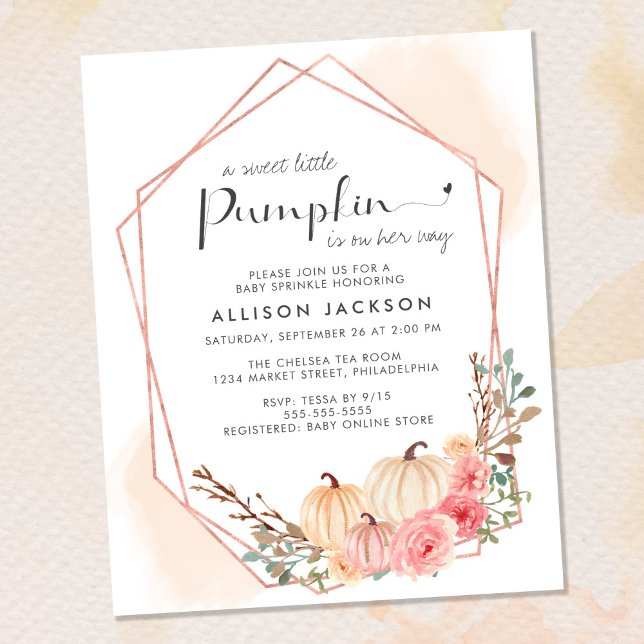 Lámina Invitación a la rociada de bebé floral de calabaza (Celebrate the upcoming arrival of your sweet little autumn baby with a pumpkin-themed baby sprinkle)