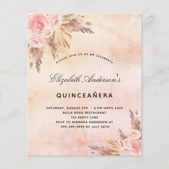 Lámina Invitación a la rubia de hierba de Quinceanera pam (Anverso)