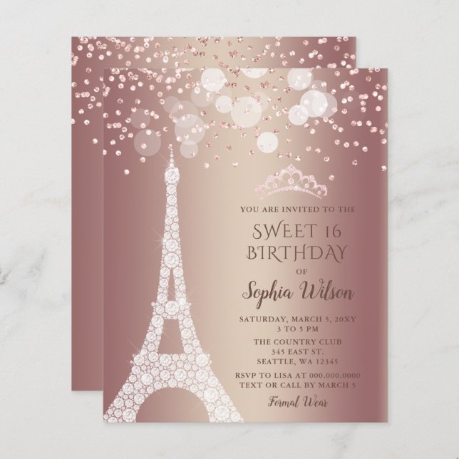 Lámina Invitación a la Torre Eiffel Rosa Gold Sweet 16 (Anverso / Reverso)