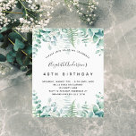 Lámina Invitación a la vegetación de eucalipto de cumplea<br><div class="desc">Una invitación a la moda para una fiesta de cumpleaños número 40 (o de cualquier edad),  temática forestal encantada. Un fondo blanco con helechos y eucalipto. El nombre está escrito con una escritura de estilo con letras a mano moderna. Personalice y agregue los detalles de su fiesta.</div>