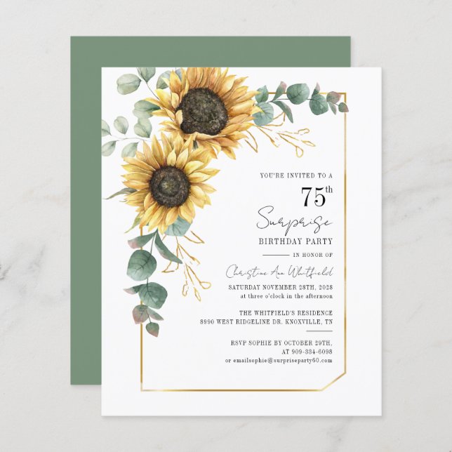 Lámina Invitación a la vegetación de girasol de cumpleaño (Anverso / Reverso)