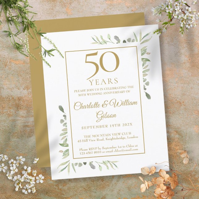 Lámina Invitación a la vegetación del 50 aniversario de o (Budget 50th Golden Anniversary Greenery Invitation)