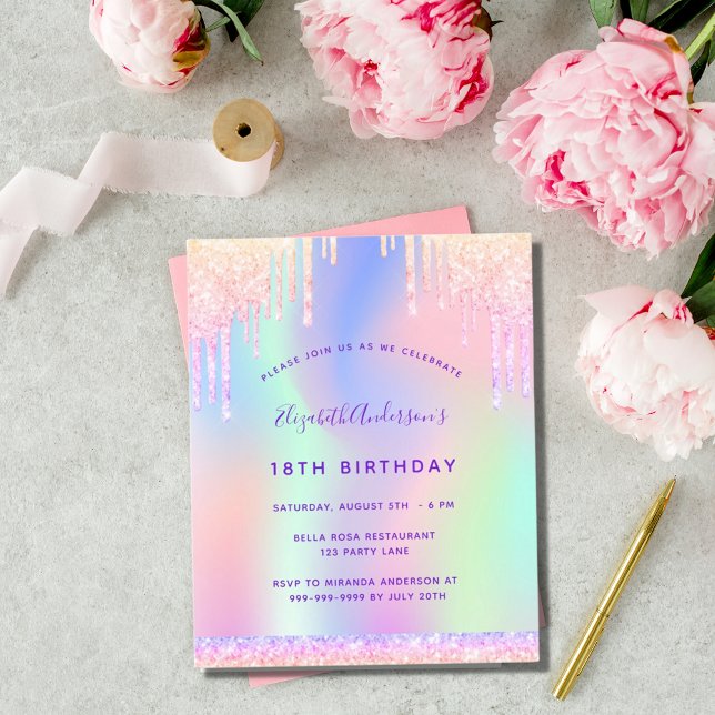 Lámina Invitación a las gotas púrpura rosadas de cumpleañ (Subido por el creador)