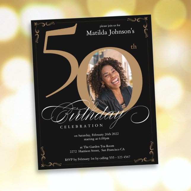 Lámina Invitación a los 50 años de Black Gold Photo Budge (Budget 50th Birthday Black Gold Photo Invitation)