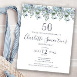 Lámina Invitación a los 50 cumpleaños de Budget Dusty Blu<br><div class="desc">Una polvorienta peonía azul y flores silvestres decoran una invitación de cumpleaños bonito. La caligrafía moderna se suma al Boho Vibe.</div>