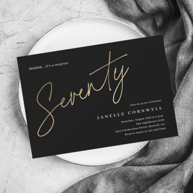 Lámina Invitación a los 70 años de Budget Black and Gold (Modern gold script budget 70th birthday party invitations.)