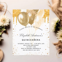 Invitación a los globos de oro blanco Quinceanera