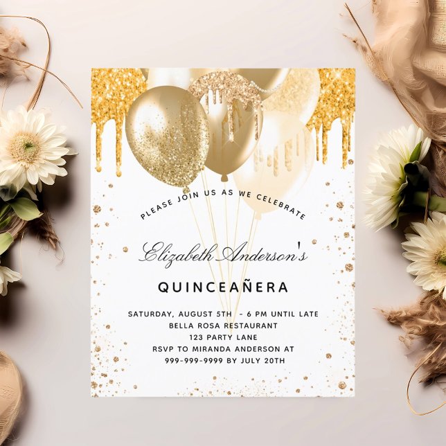 Lámina Invitación a los globos de oro blanco Quinceanera (Subido por el creador)